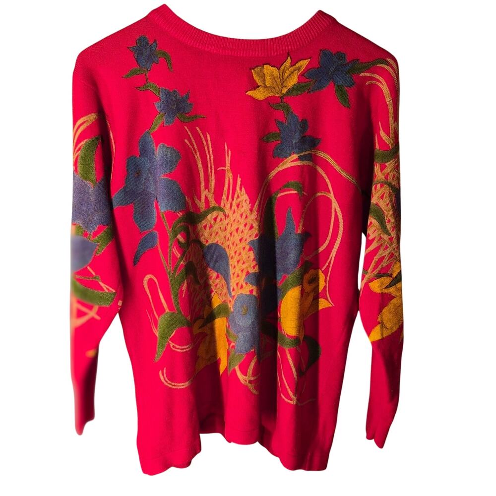 Vintage 80s Whimsigoth Floral‎ Knit Sweater Bold Red Cottagecore Grandmacore XL